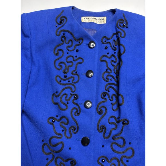 Liz Claiborne Suits Women's Sz 6? SEE 100% Wool Blue Embroidered Skirt Suit Set - Picture 4 of 16